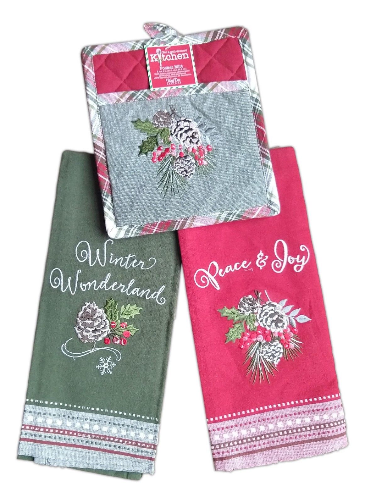 WINTER WONDERLAND Pine Cone Christmas Towel Set with Oven Pocket Mitt by Kay Dee