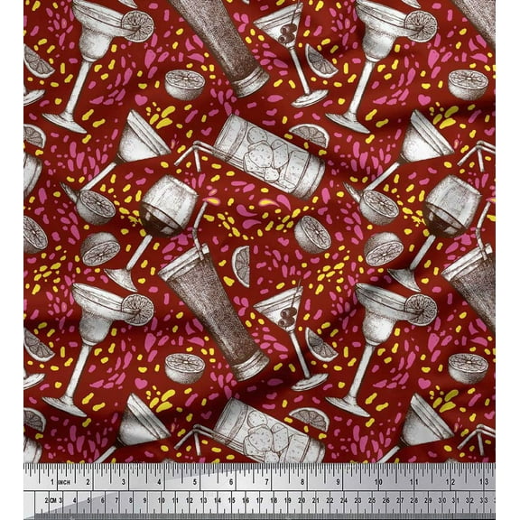 Soimoi Red Cotton Voile Fabric Lemon Slice & Soft Drink Beverages Print Sewing Fabric Yard 42 Inch Wide