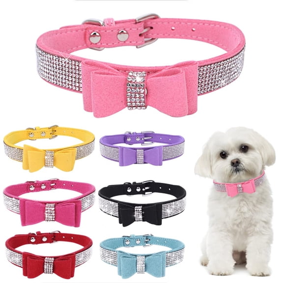 Miaocao 1Pack Small Dog Collars for Female Dogs, Cute Bling Rhinestone Crystal with Bow Tie Glitter Diamond Bowtie Puppy Collars for XXS XS Small Medium Large Pet Girls Dogs Cats, Pink S
