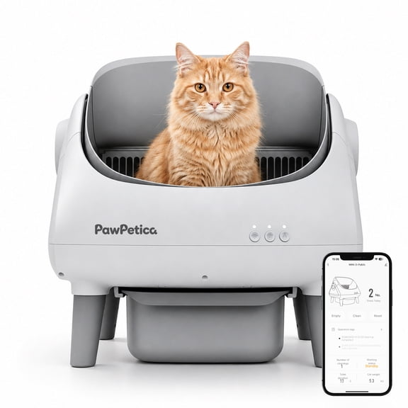 PawPetica Self-Cleaning Litter Box Automatic Open-Top Cat Litter Box with App & Safety Features – Includes Waste Bags & Fragrance Box – Dark Grey