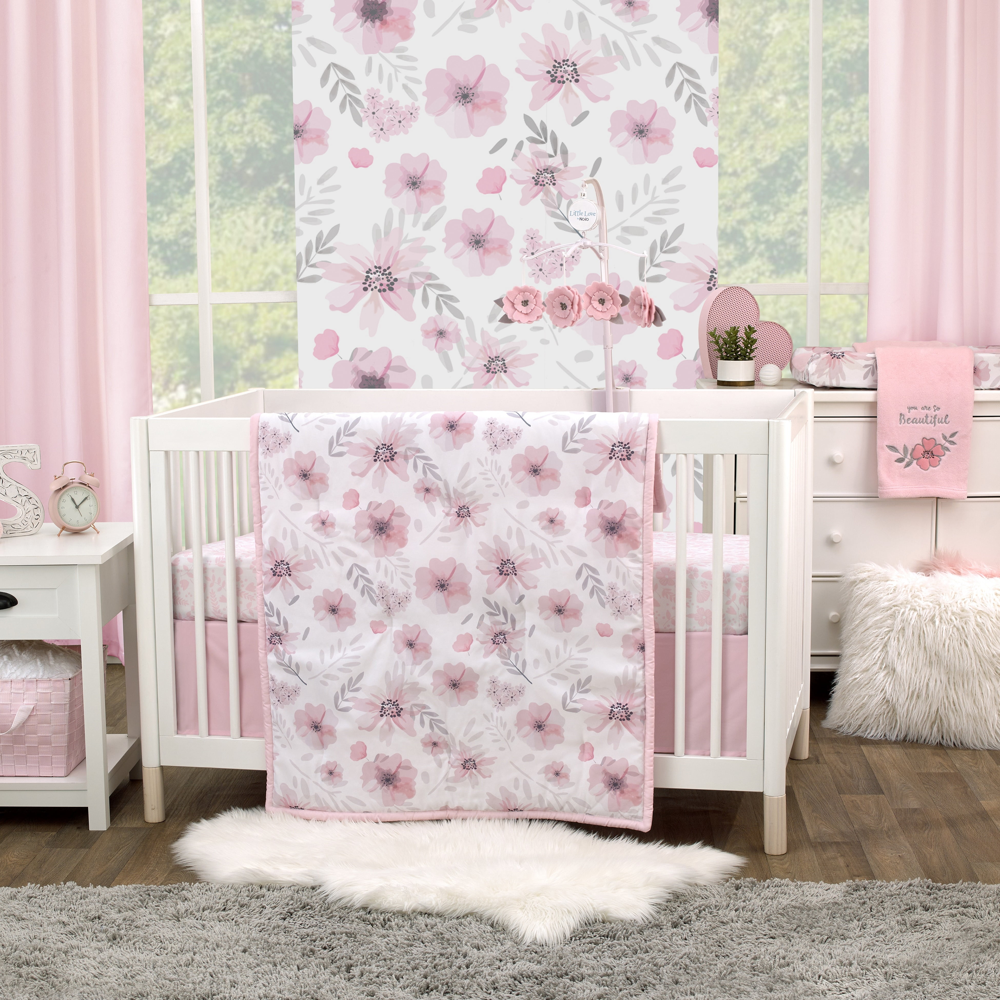 Little Love by NoJo Beautiful Blooms Pink and Gray Baby Blanket