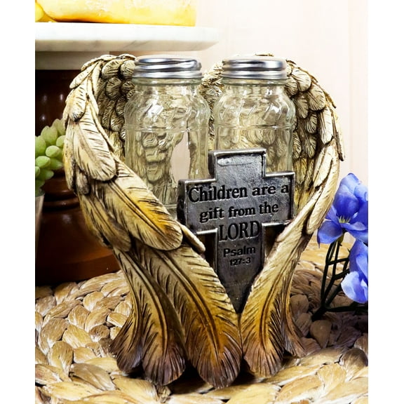 Holy Cross Psalm127 Scripture Heart Angel Wings Salt Pepper Shakers Holder Set