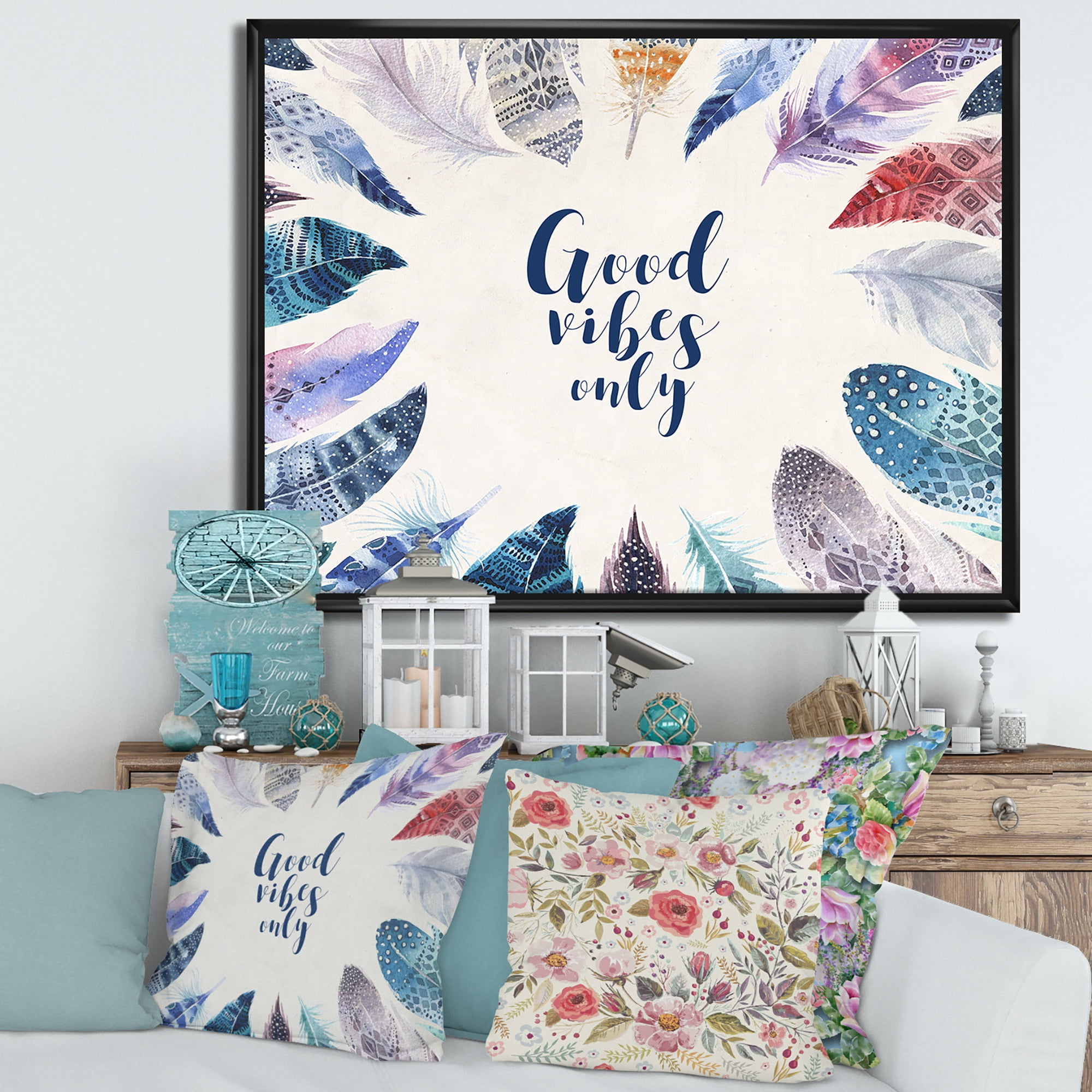 Designart 'Good VIbes Only Under Vibrant Blue Feathers' Bohemian & Eclectic Framed Canvas Wall Art Print