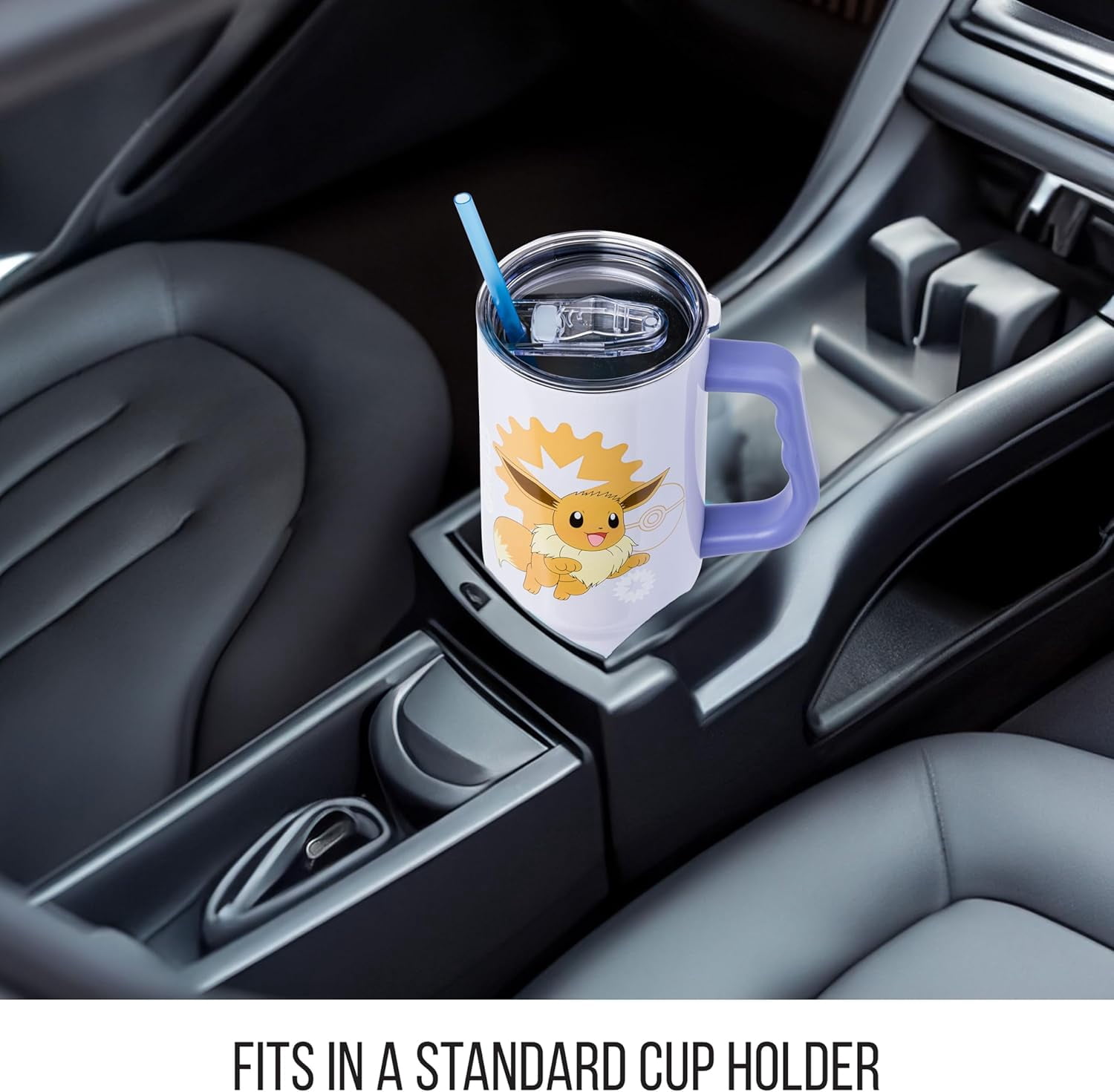 Silver Buffalo Pokémon Double Walled Stainless Steel Tumbler with Handle Featuring Eevee, Fits in Standard Cup Holder, 40 Ounces