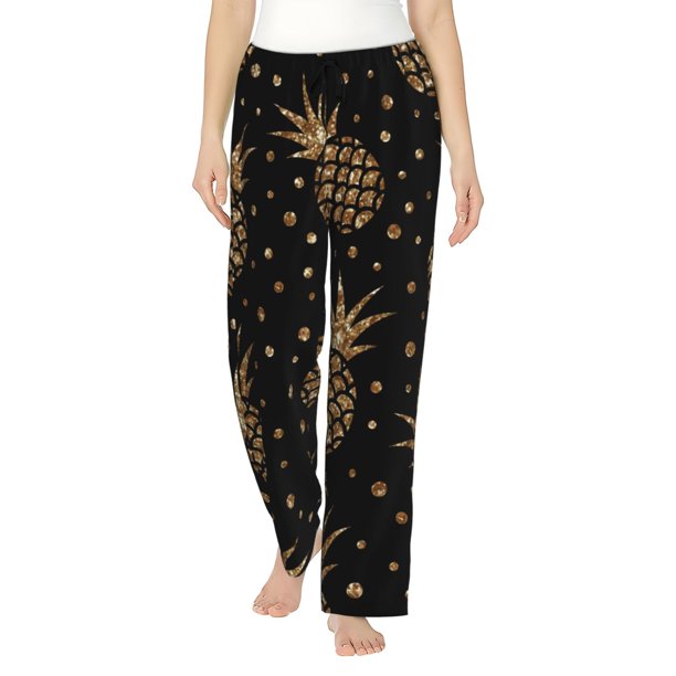 Fotbe Gold Glitter Pineapples Pantalones de Pijama para Mujer, Pantalones de Dormir, Pantalones Pj con Cordón y Bolsillos-3X-Large