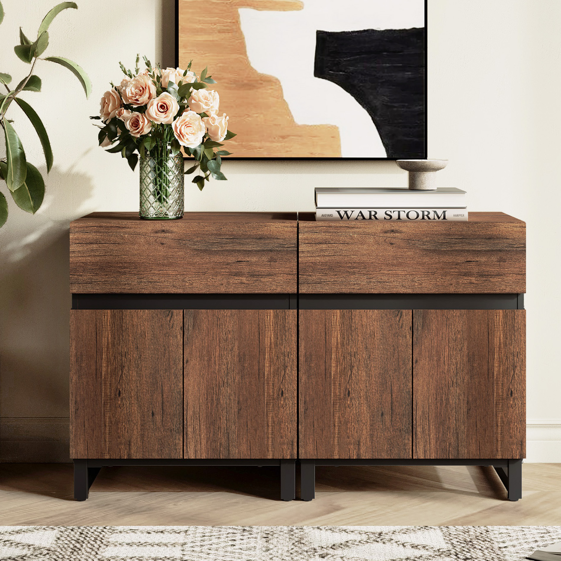WAMPAT 2 Pack Nightstand with 1 Drawer & 1 Storage Cabinet, Modern Bedside Table with 2 Open Doors for Bedroom, Wood Rustic Side End Table for living Room.