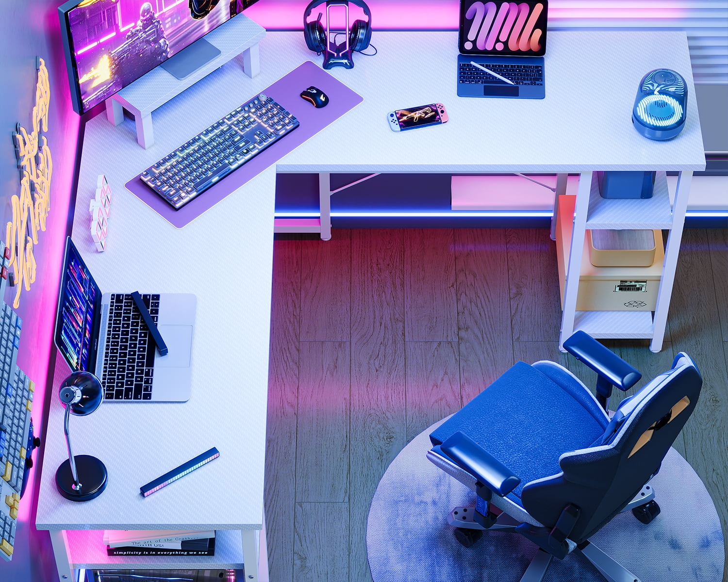 GUNAITO L Shaped Gaming Desk with CPU Stand, 61" Modern Corner Computer Desk,Reversible Office Desk 4-Tier Shelf,Carbon Fiber White