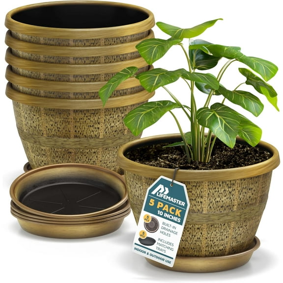 10-Inch Whiskey Barrel Planters Outdoor Pack of 5 - Durable Plastic Plant Pots for Indoor & Outdoor Use with Drainage & Saucer, Lightweight Rustic Barrel Planters for Flowers, Herbs & Small Plants