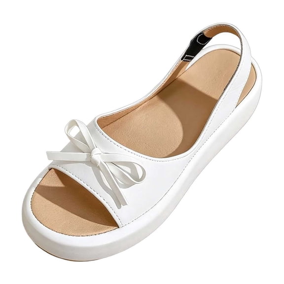 Gpaecead Women Bow Flat Slingback Sandals Peep Toe Lightweight Slip On Summer Beach Casual Flats With Breathable Faux Leather, White