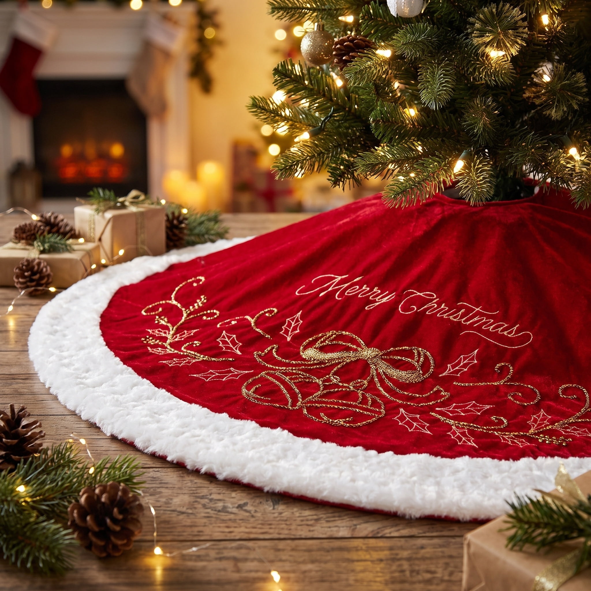 Velvet Merry Christmas Tree Skirt, Burgundy, 48", by Holiday Time