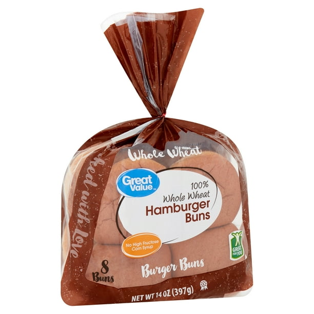 Great Value 100 Whole Wheat Hamburger Buns, 8 count, 14 oz Walmart