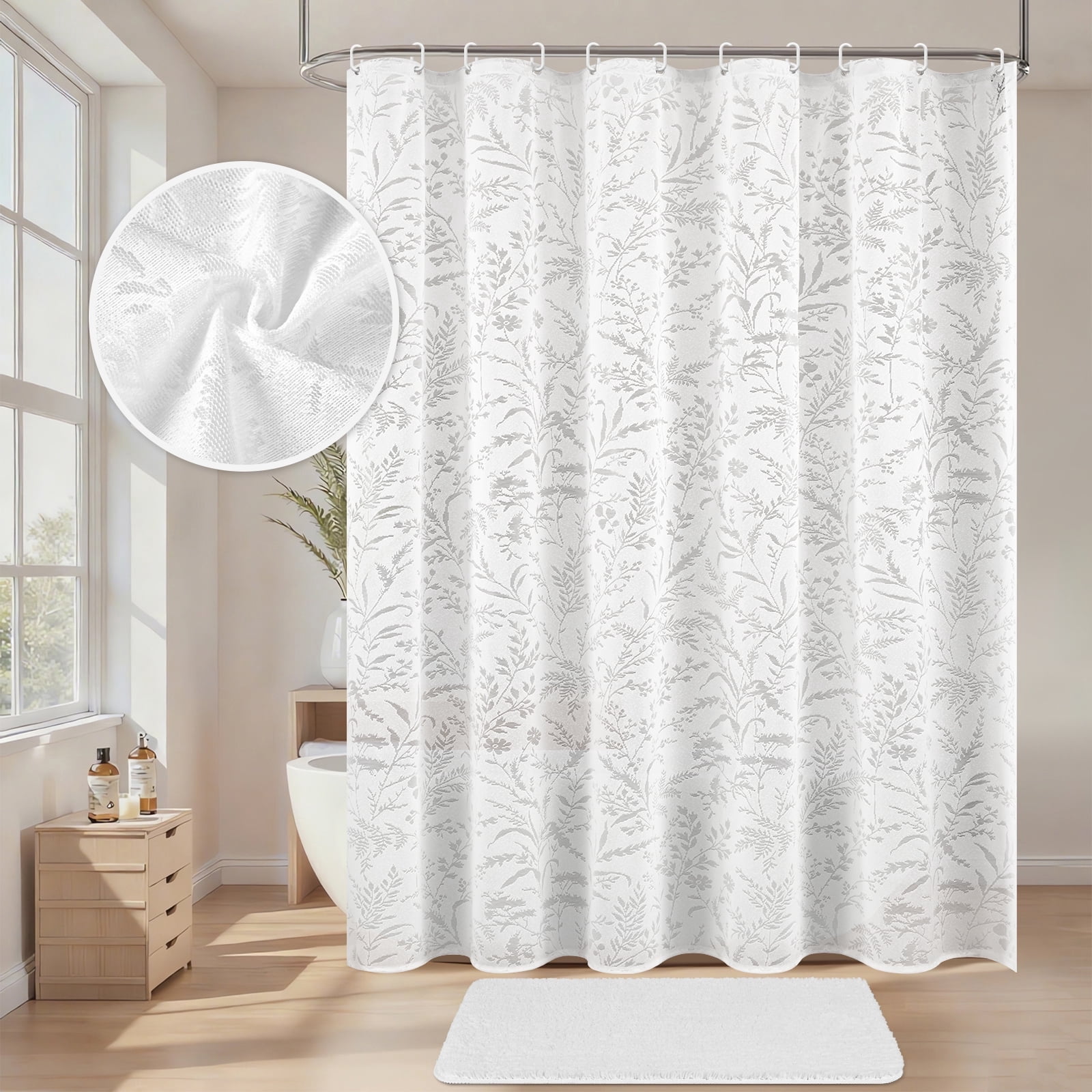 FRAMICS Fabric Shower Curtain Sets with Rug and Hooks, Lace Floral Leaves Bathroom Sets, Waterproof & Mold Resistant, White