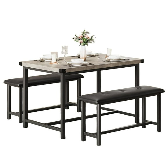 Jojoka 3 Piece Dining Table Set for 4, Kitchen Table with 2 PU Leather Upholstered Benches, Industrial Wood Top Breakfast Dinette for Small Space, Kitchen, Apartment, Dining Room, Rustic Grey