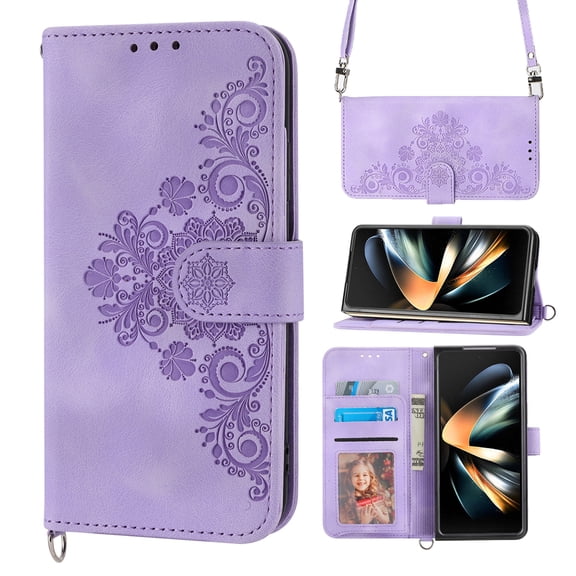Decase Compatible With Google Pixel 7 Case Magnetic Wallet Flip Cover with Card Holder Kickstand Design Crossbody Strap Embossed PU Leather Folio Cover for Google Pixel 7, Purple