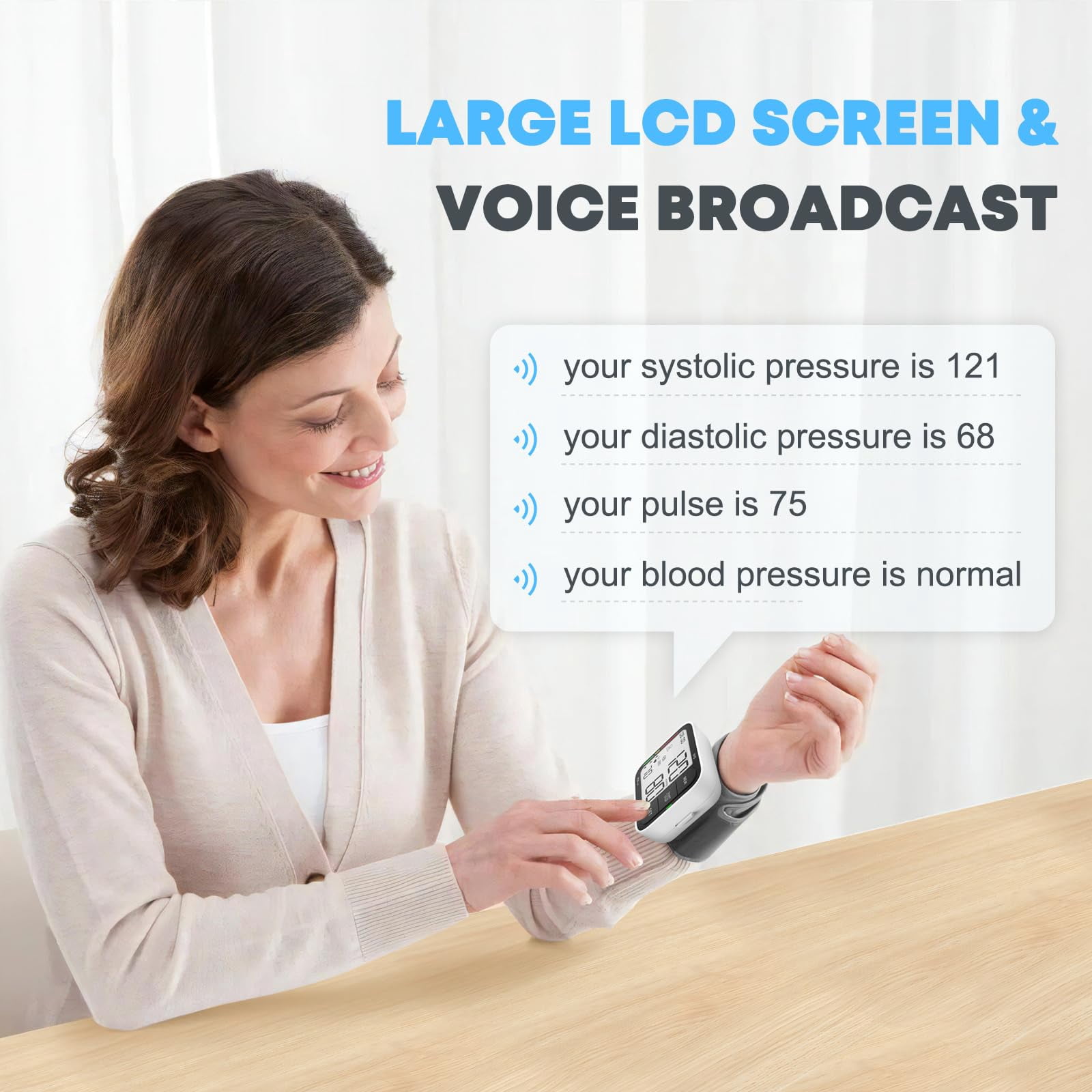 Wrist Blood Pressure Monitor, Large LCD Screen & Voice Announcements, Adjustable Cuff (5.3–8.4 in), 2×120 Memory, Irregular Heartbeat Detection, Portable Blood Pressure Monitor for Home, Travel