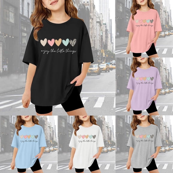LRen T-Shirts for Girls 12-14 Girls Graphic Print Crewneck Short Sleeve Cotton Shirt Kids Cute Casual Oversized Summer Holidays Clothes