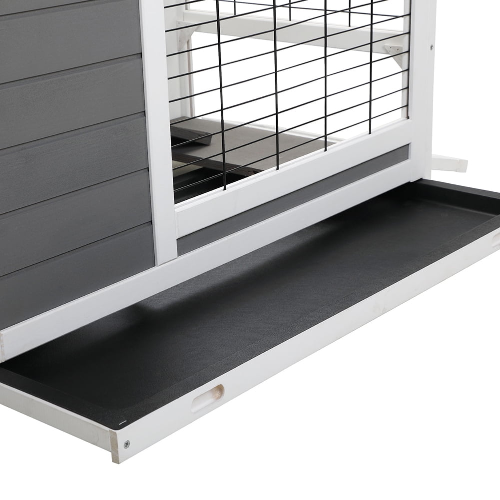 Kadyn All Weather Indoor Outdoor Pet Kennel, Wooden Pet House, 2 Tier Pet Shelter, Gray and White