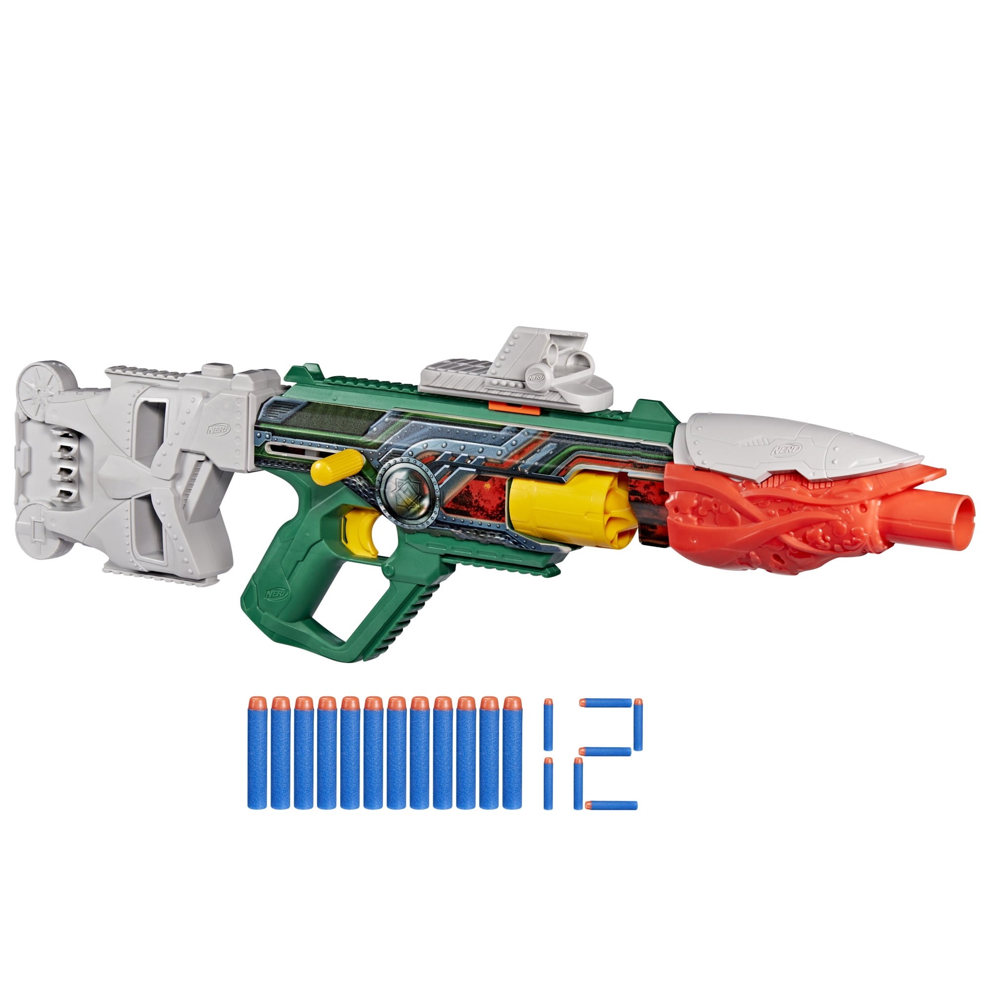 Nerf Marvel Doctor Doom Blaster with Scope, Barrel, Stock & 12 Elite Darts for Outdoor Play