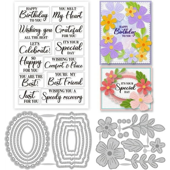 Greetings Clear Stamps and Flowers Plants Tags Cutting Dies Set for DIY Scrapbooking Cards Making Decorative Photo Album Notebook