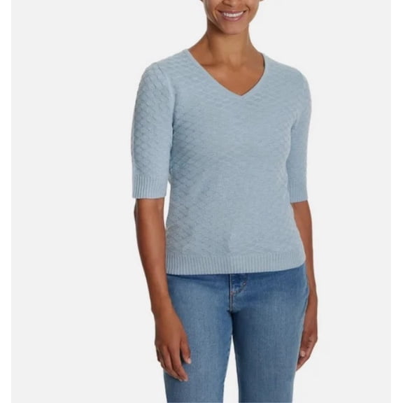 Ella Moss Women's V-Neck Elbow Sleeves Sweater, Light Blue, Size L