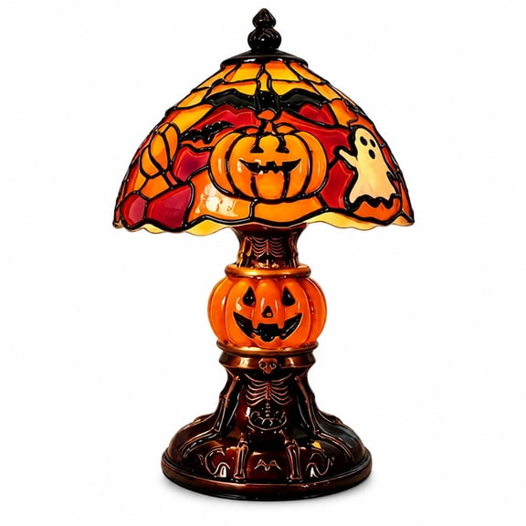 Halloween Handcrafted Ghost Stained Glass Night Light, Gothic Resin Bat Pu mpkin Glow Lamp, Retro Decorative Table Lamp, for Bedroom