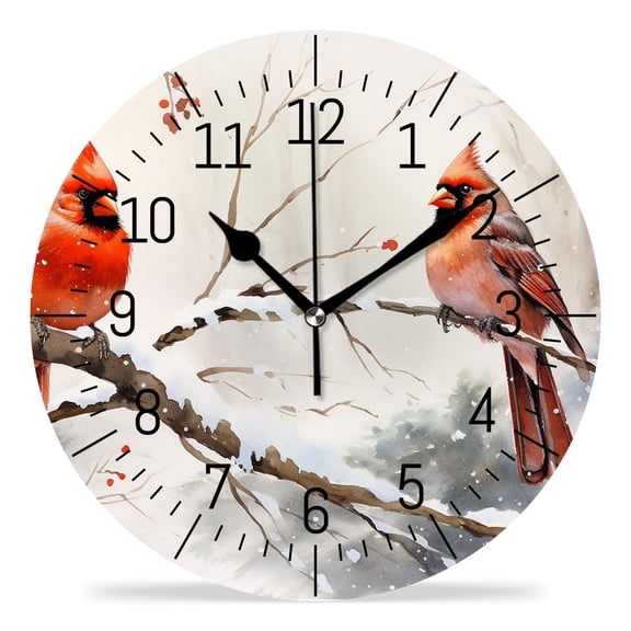 ATEDEANEI 12" Wall Clock Battery Operated Silent Non Ticking Winter Cardinal Bird Watercolor Artistic Design