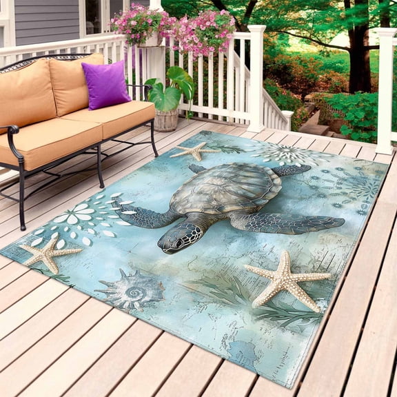 Vintage Coastal Turtle Outdoor Rug for Patio/Deck/Porch, Non-Slip Large Area Rug 4 x 6 Ft, Summer Beach Starfish Coral Indoor Outdoor Rugs Washable Area Rugs, Reversible Camping Rug Carpet Runner