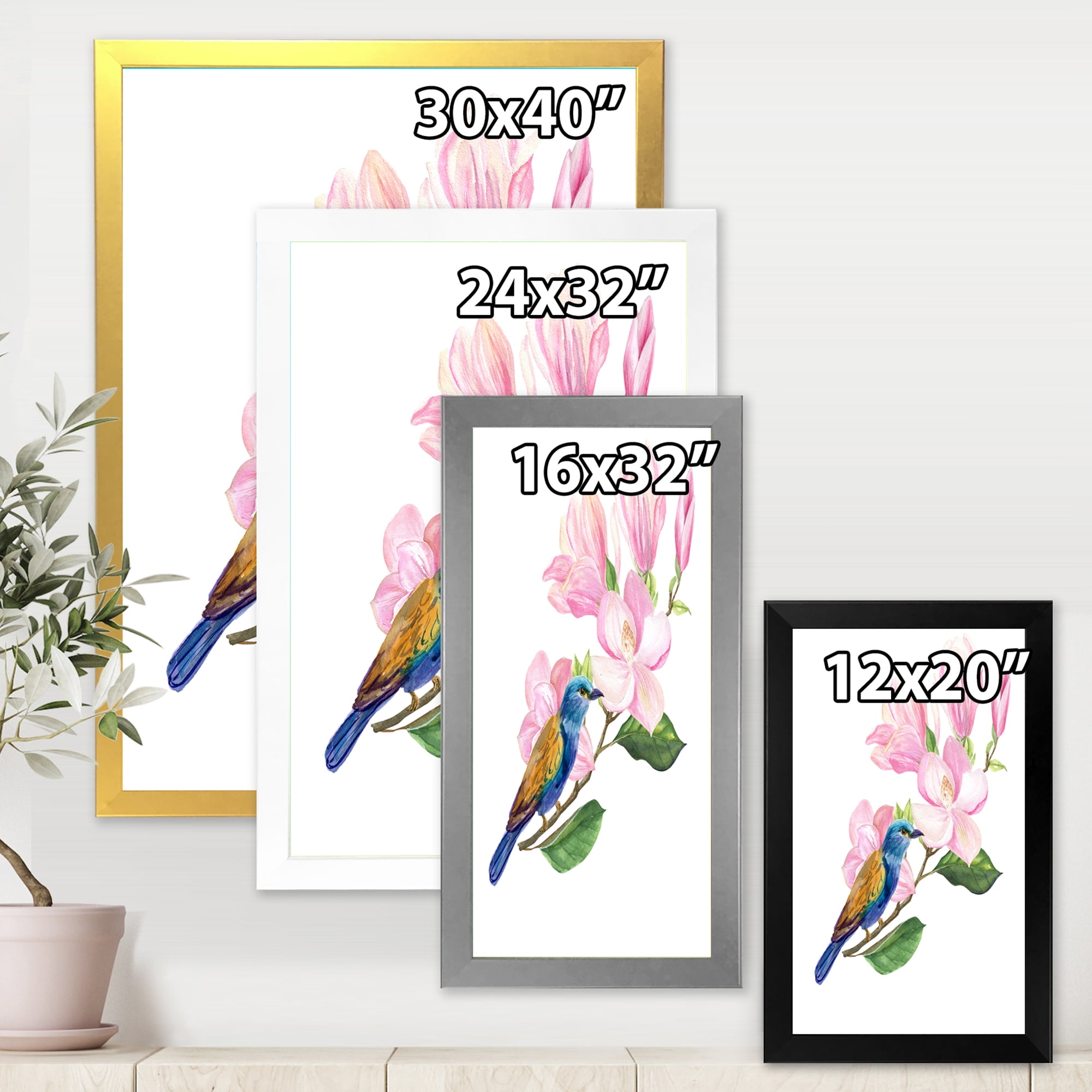 Designart 'Blue Bird Sitting On A Pink Magnolia' Traditional Framed Art Print