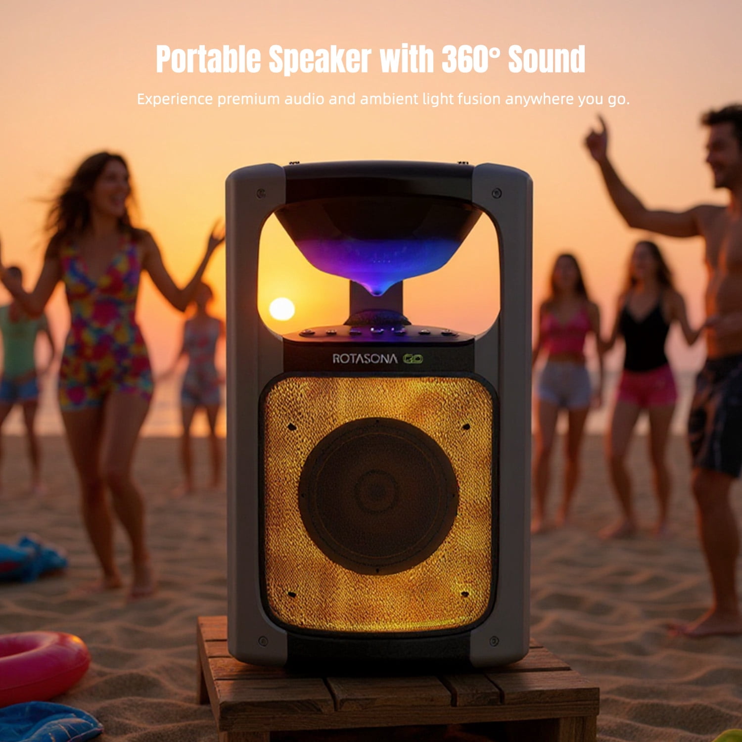 Rotasona Go Portable Bluetooth Party Speaker with RGB Lights, 360 Sound, Deep Bass, USB Playback, IPX4 Water Resistant, Black