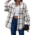 thumbnail image 3 of HUBERY Women Plaid Printed Color Block Lapel Collar Button Down Long Sleeve Shirt, 3 of 7