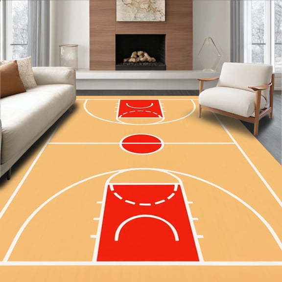 ODIKA 4'x6' Machine Washable Non-Slip Area Rug, Basketball Court Wood Floor Key Lines High Traffic Rug, Beige, 841052
