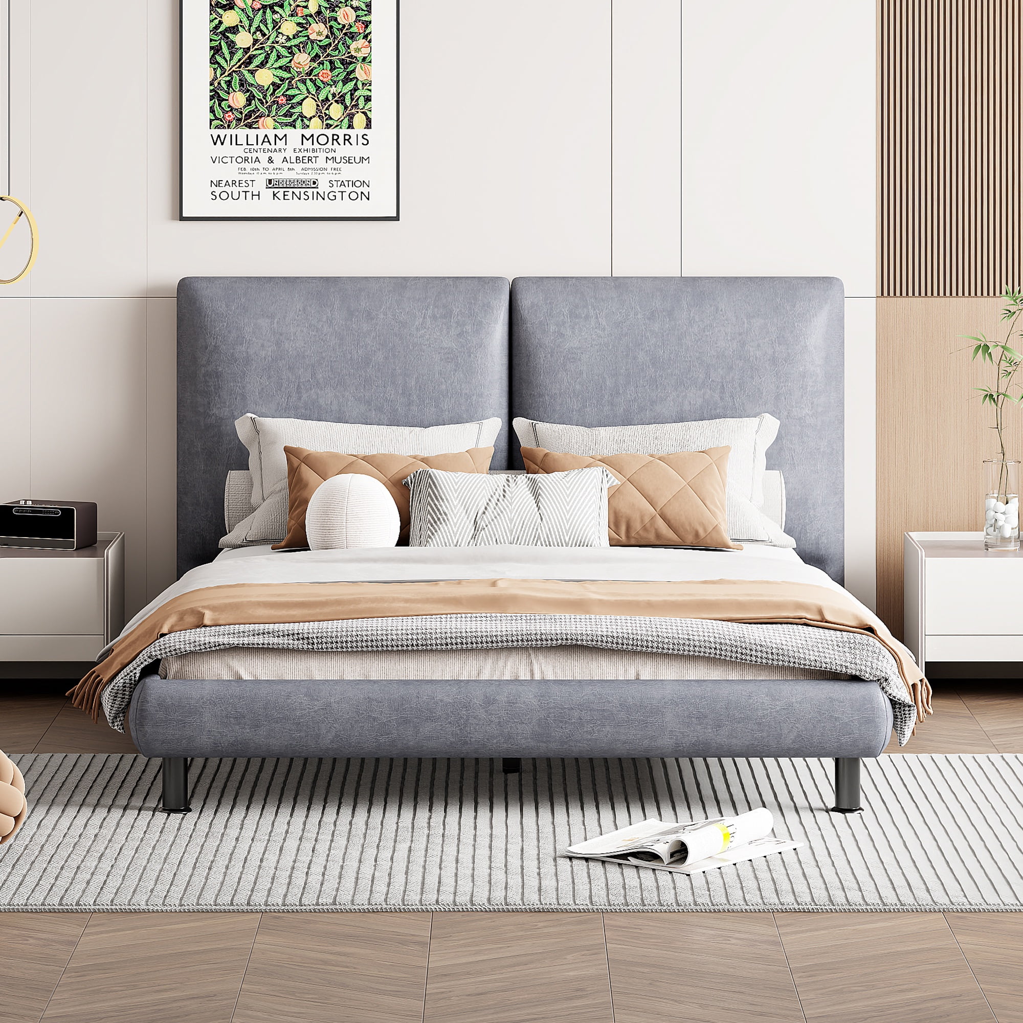 PORKISS Queen Size Platform Bed, Polyester Upholstered Platform Bed with Two Large Headrests, Modern Platform Bed with Thick Fabric, Classical Queen Bed for Bedroom, No Box Spring Needed, Gray