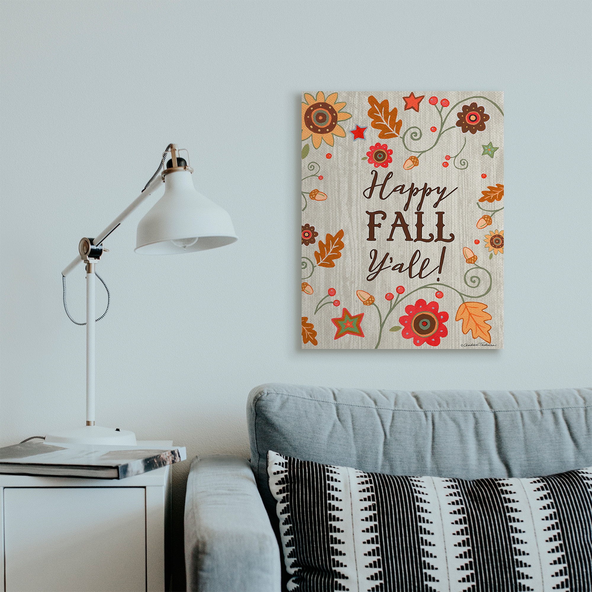 Stupell Industries Happy Fall Y'all Phrase Autumn County Border Landscape Painting Gallery Wrapped Canvas Art Print Wall Art, 24 x 30