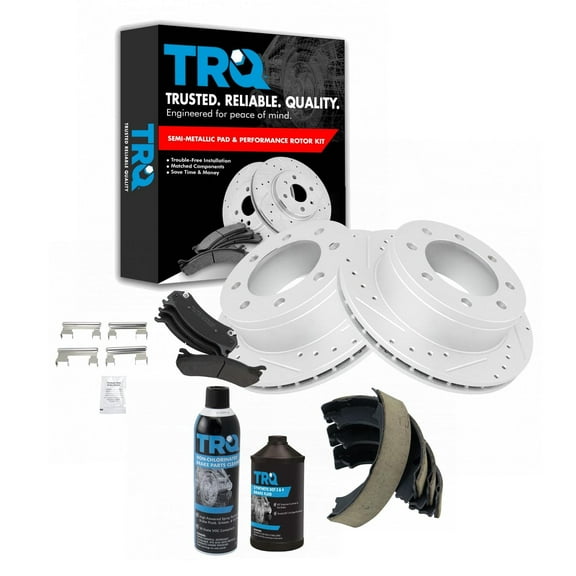 TRQ Rear Metallic Brake Pad & Performance Rotor with Parking Shoe w/Fluids BKA21807 Fits select: 1999-2010 CHEVROLET SILVERADO, 2001-2009 GMC SIERRA