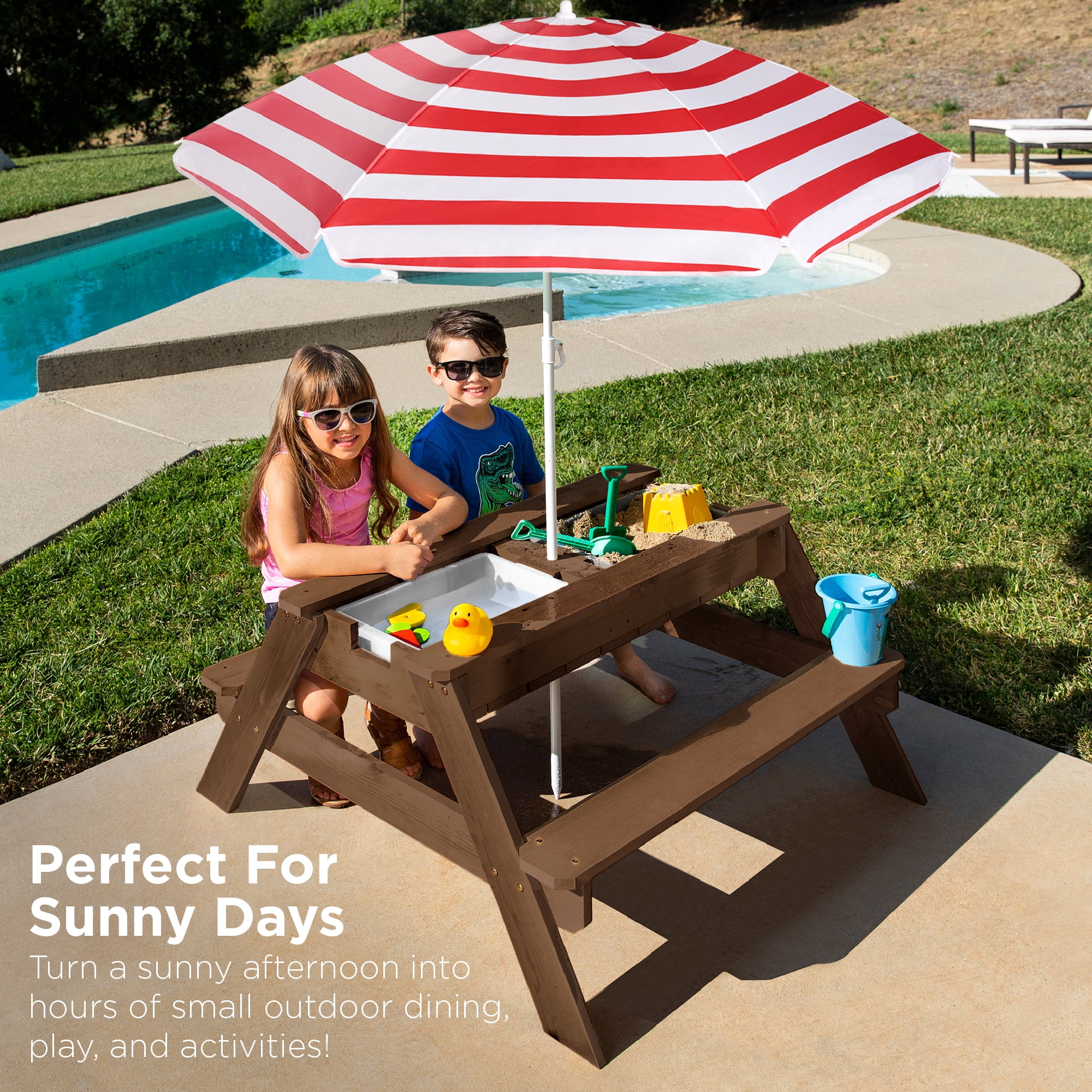 Best Choice Products Kids 3-in-1 Outdoor Sand and Water Activity Picnic Table with Umbrella - Walnut/Red