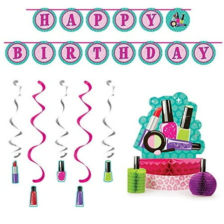Deluxe Danglers Decorations - Sparkle Spa Party Supplies Decorations Bundle: Centerpiece, Ribbon Banner, and Dizzy Danglers