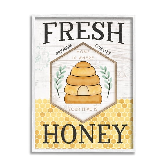 Stupell Industries Fresh Honey Rustic Bee Hive Typography Sign Graphic Art White Framed Art Print Wall Art, Design by Jennifer Pugh