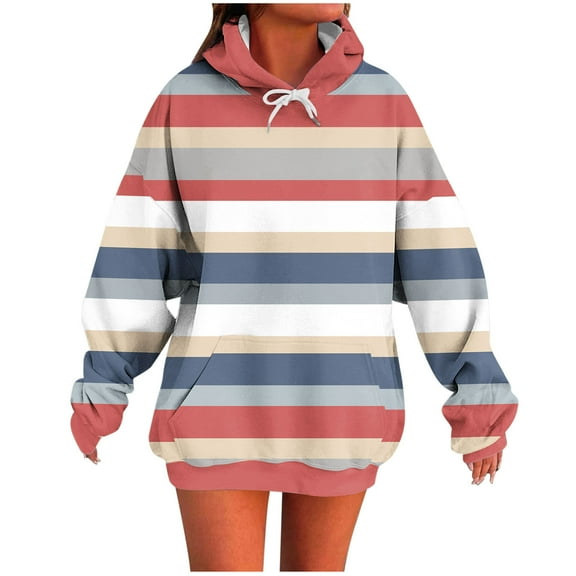 Hoodies for Women Long Sleeve Striped Drawstring Color Block Pullover Hoodie Casual Loose Sweatshirts with Pockets