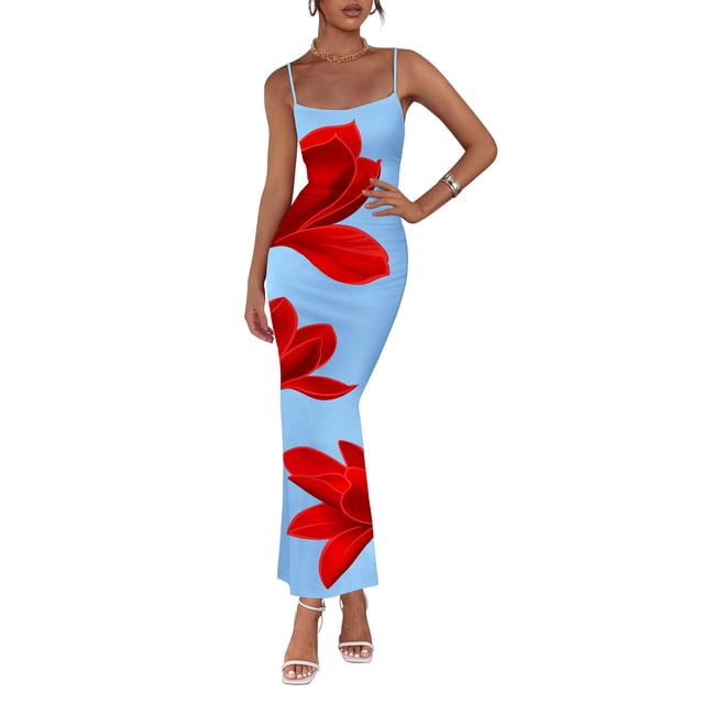 Vestido Maxi Floral PRETTYGARDEN Mujer Tirantes Finos Azul Claro XXL