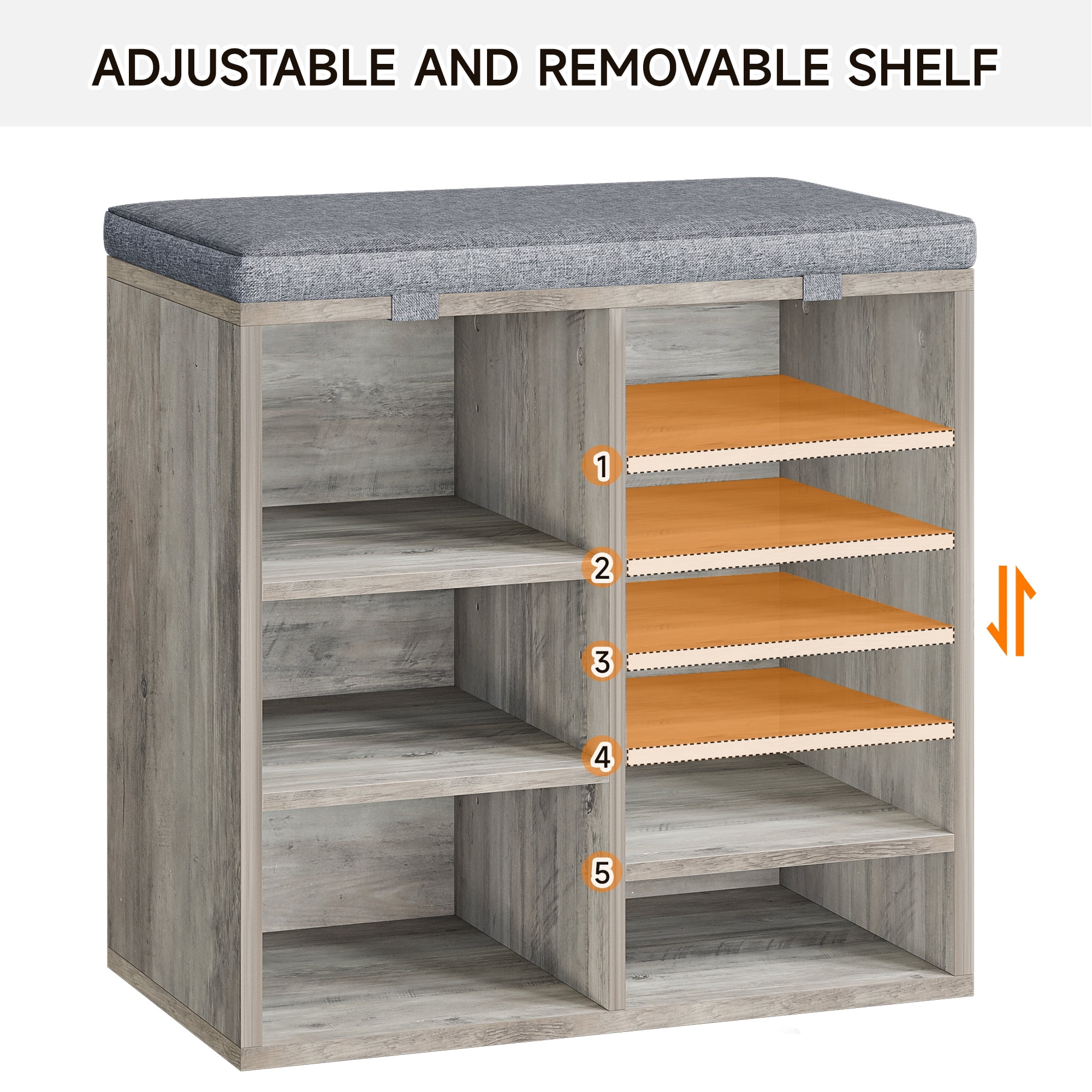 Accreate 20 Inch Shoe Storage Bench with Cushion and Side Pocket – 10 Cubbies Shoe Rack with Adjustable Shelves, Gray
