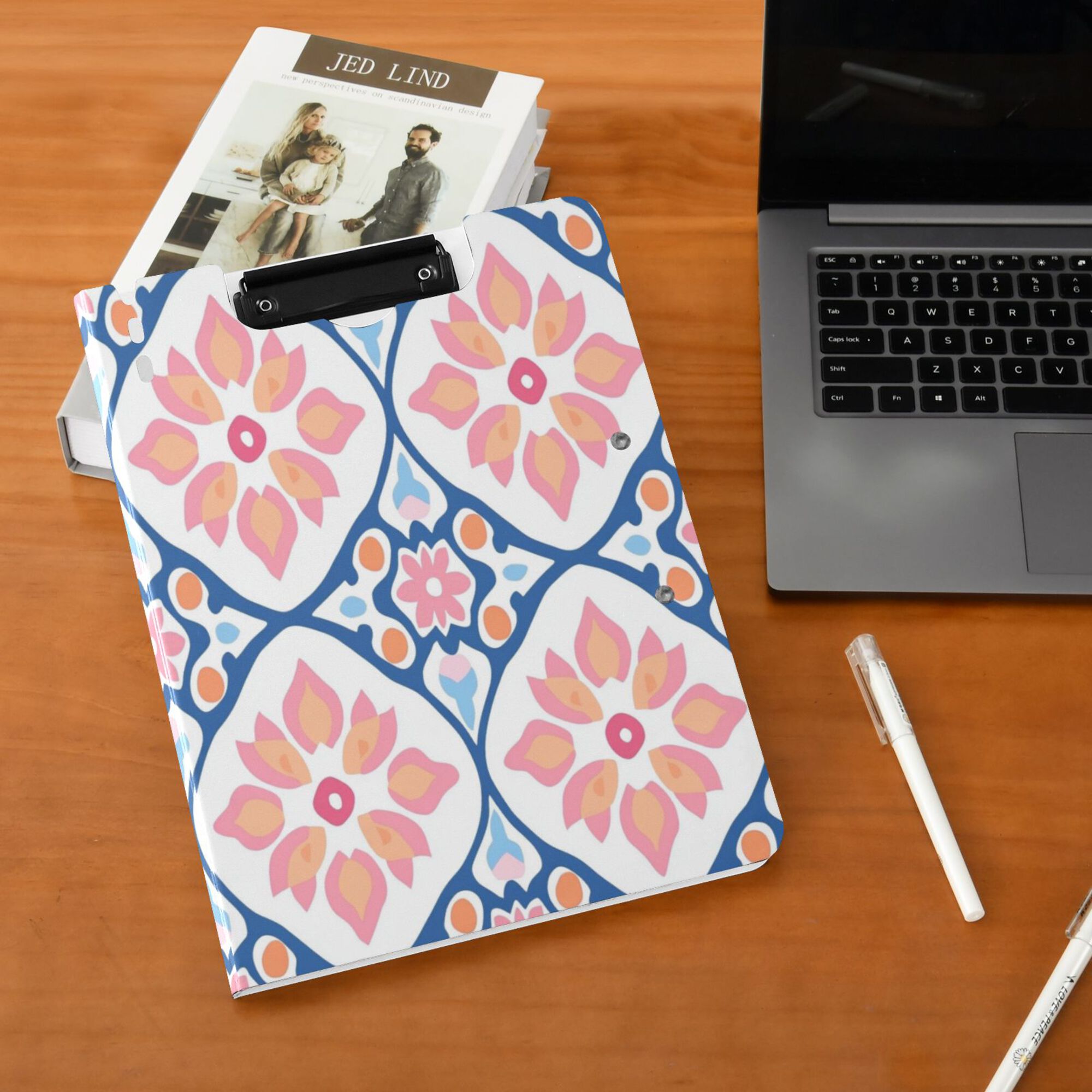 FORMRS A4 Clipboard Folder with Pen Holder Horizontal Foldable School Office Binder, Mosaic Flowers Pattern