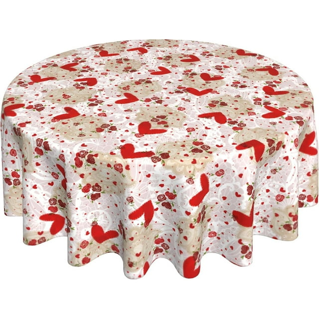 Valentines Day Round Tablecloth 60 Inch, Valentine Tablecloth Lace Flower Red Rose Heart Table Cloth Cover for Dinner Party Wedding Decor