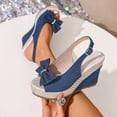 thumbnail image 2 of Blue Women Wedge Sandals Peep Toe Buckle Bow Design Casual Comfort Spring Summer Blue Fabric Us Size 9.5, 2 of 9