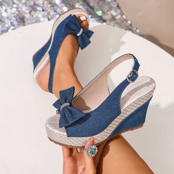 YgkuHd Women's Casual Wedge Sandals Peep Toe Denim Upper Rhinestone Bow Embellishment Adjustable Ankle Strap Chunky Blue,6