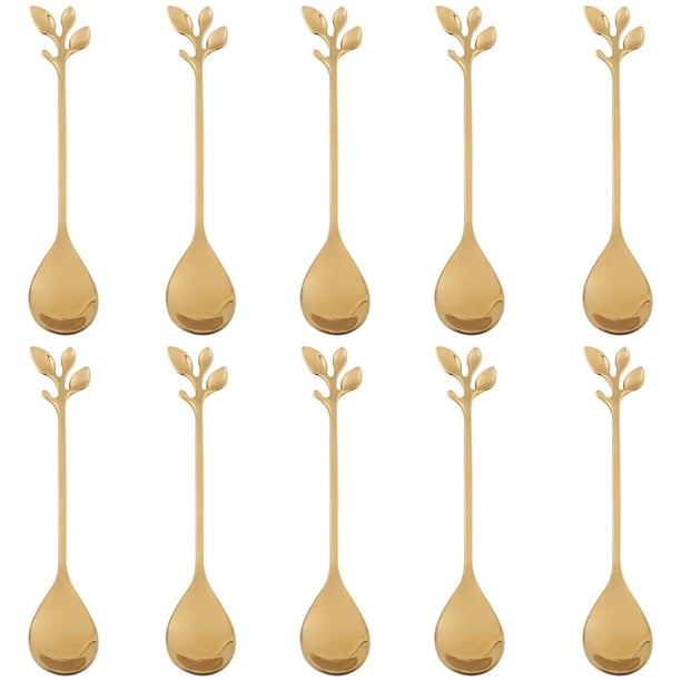 Cuchara de café de hoja de acero inoxidable - 10 piezas Cucharas de postre de vajilla creativas, para revolver, mezclar, azúcar, revolver, helado, pastel, juego de cucharadita