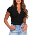thumbnail image 1 of Camiseta de manga corta para mujer, Jersey informal con solapa de costura de Color sólido, Tops ajustados que combinan con todo, Primavera, 2022, 1 of 4