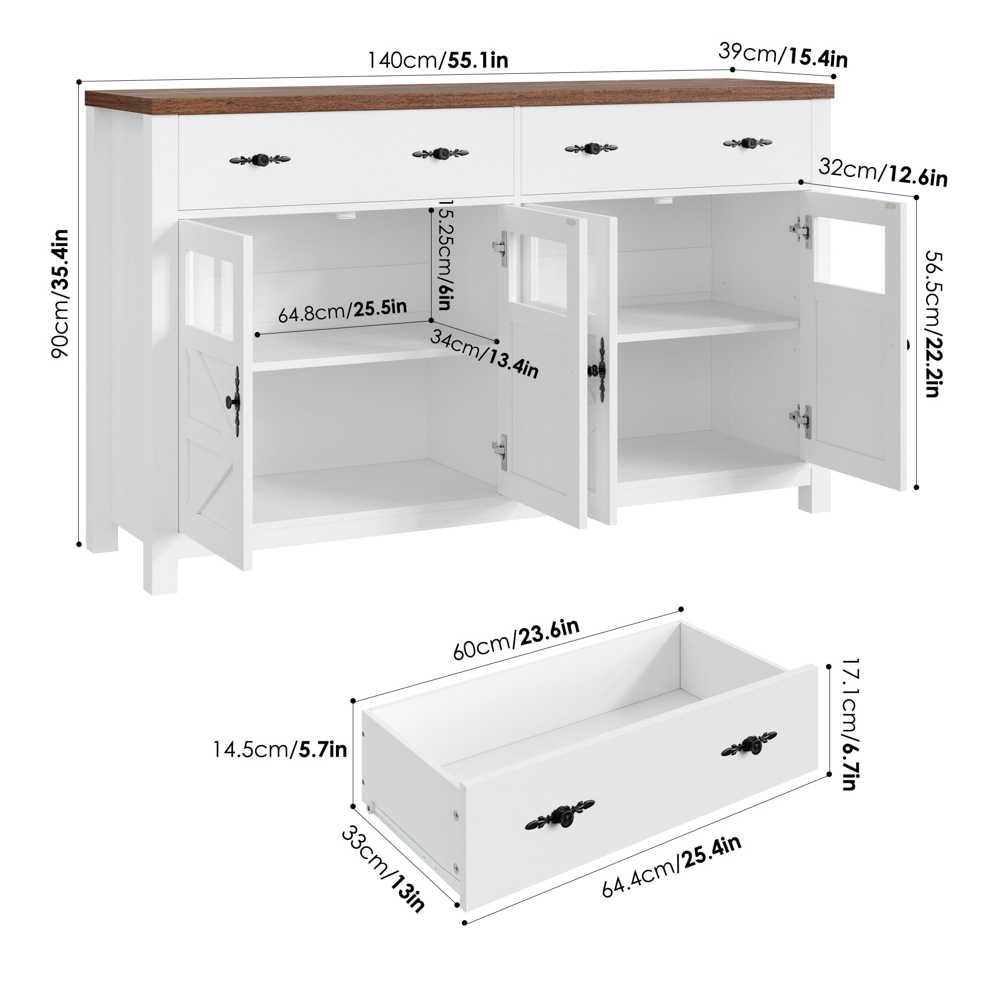Homfa Farmhouse 55.1"W Kitchen Buffet Cabinet with Storage Drawer & Adjustable Shelf, Glass Door Wood Sideboard Credenza Coffee Bar with for Dining Room Living Room, White & Natural Wood