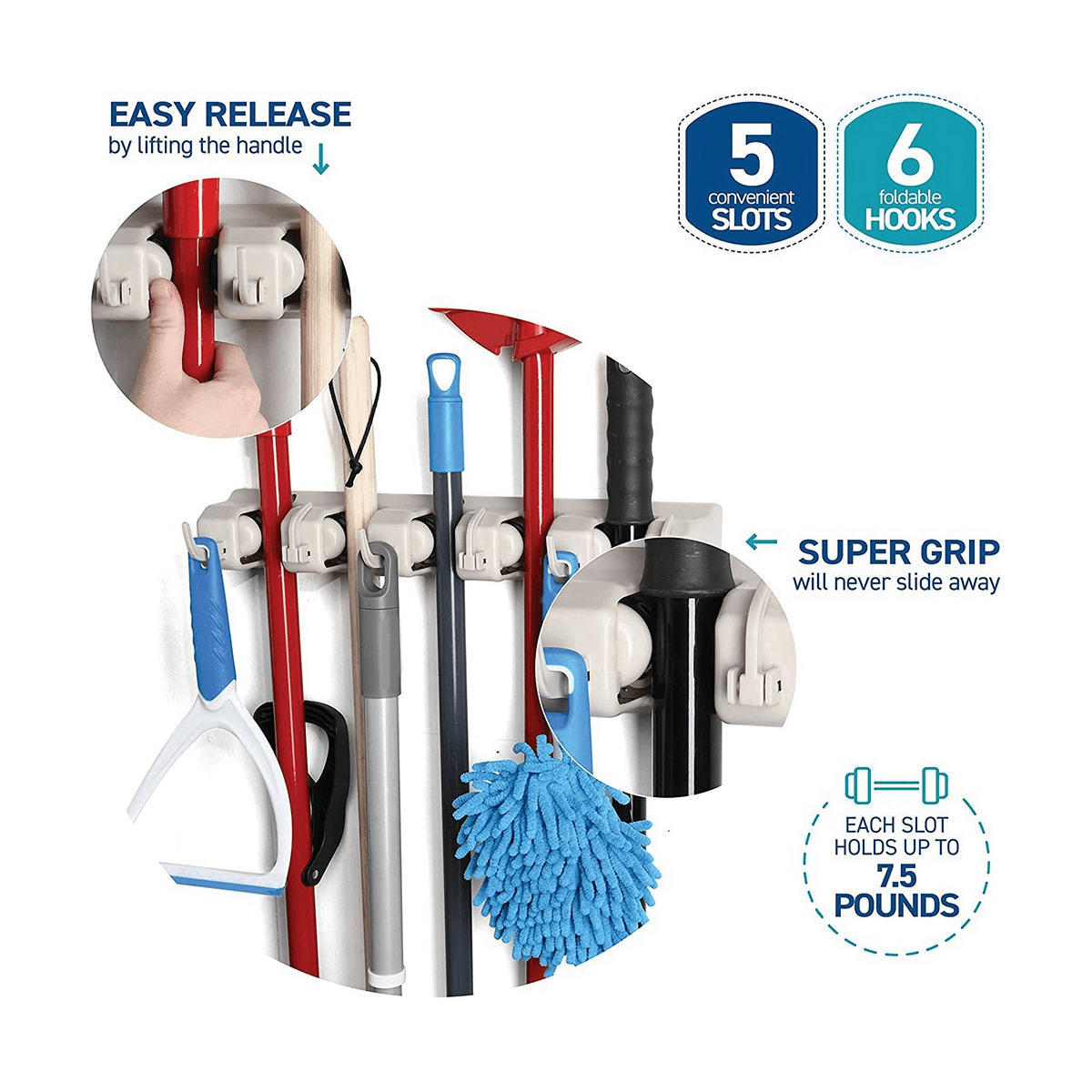 Mop and Broom Rack Garage Storage System with 5 Slots, 6 Hooks