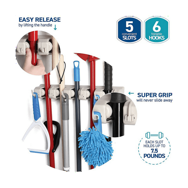 Mop and Broom Rack Garage Storage System with 5 Slots, 6 Hooks