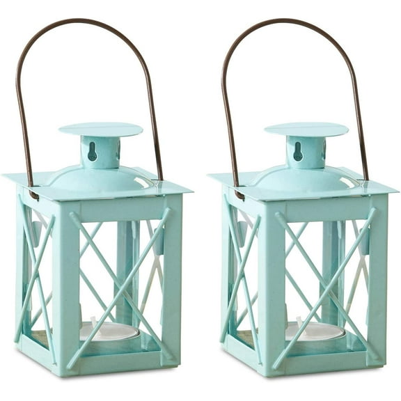 Kate Aspen Decorative Lanterns - Set of 2 - Luminous Metal Lantern Tealight Candle Holders for Wedding, Home Decor and Party - 4.5" H (6.5" H with Handle) – Blue